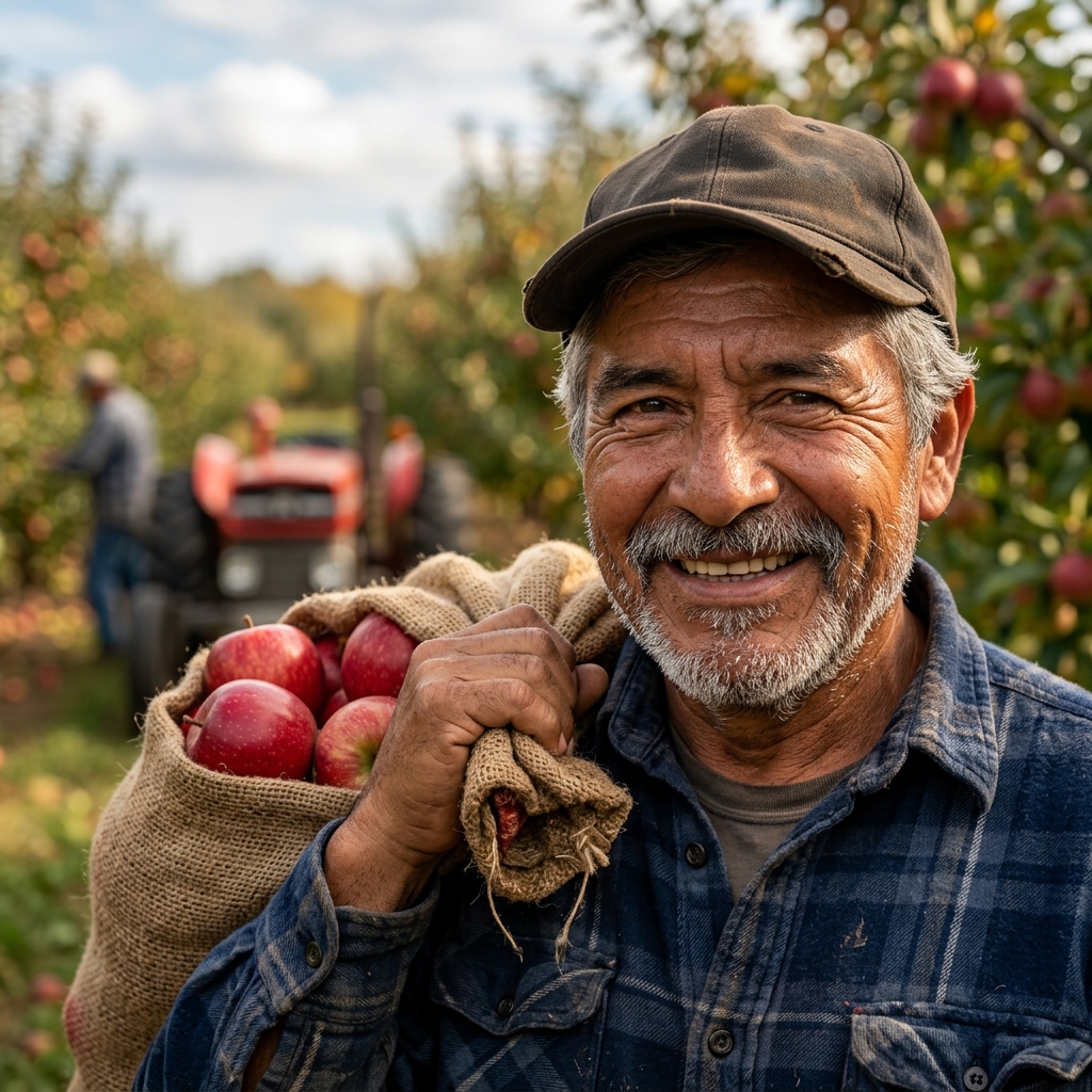 Agricultor de mayor edad con saco de manzanas