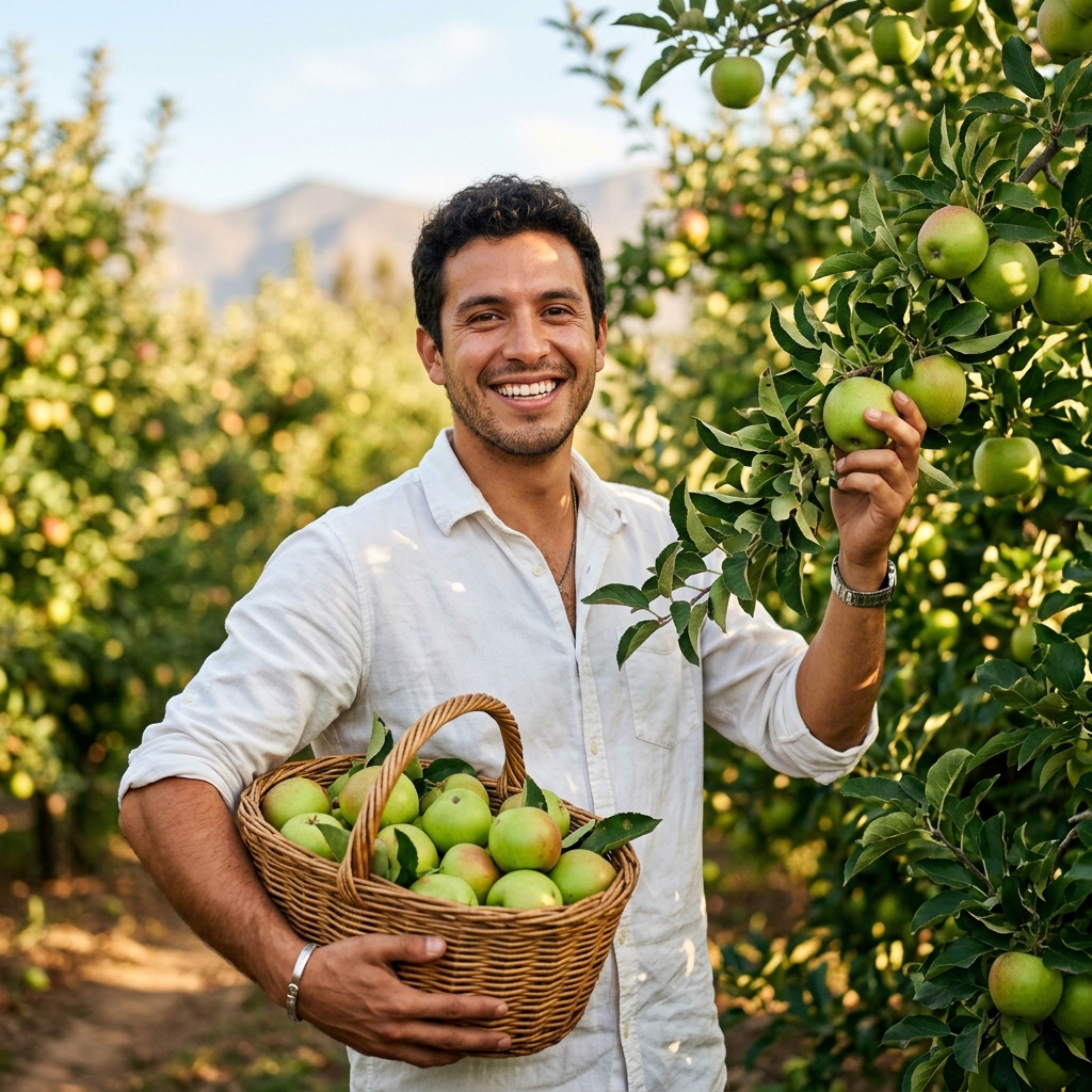 Agricultor joven cosechando manzanas